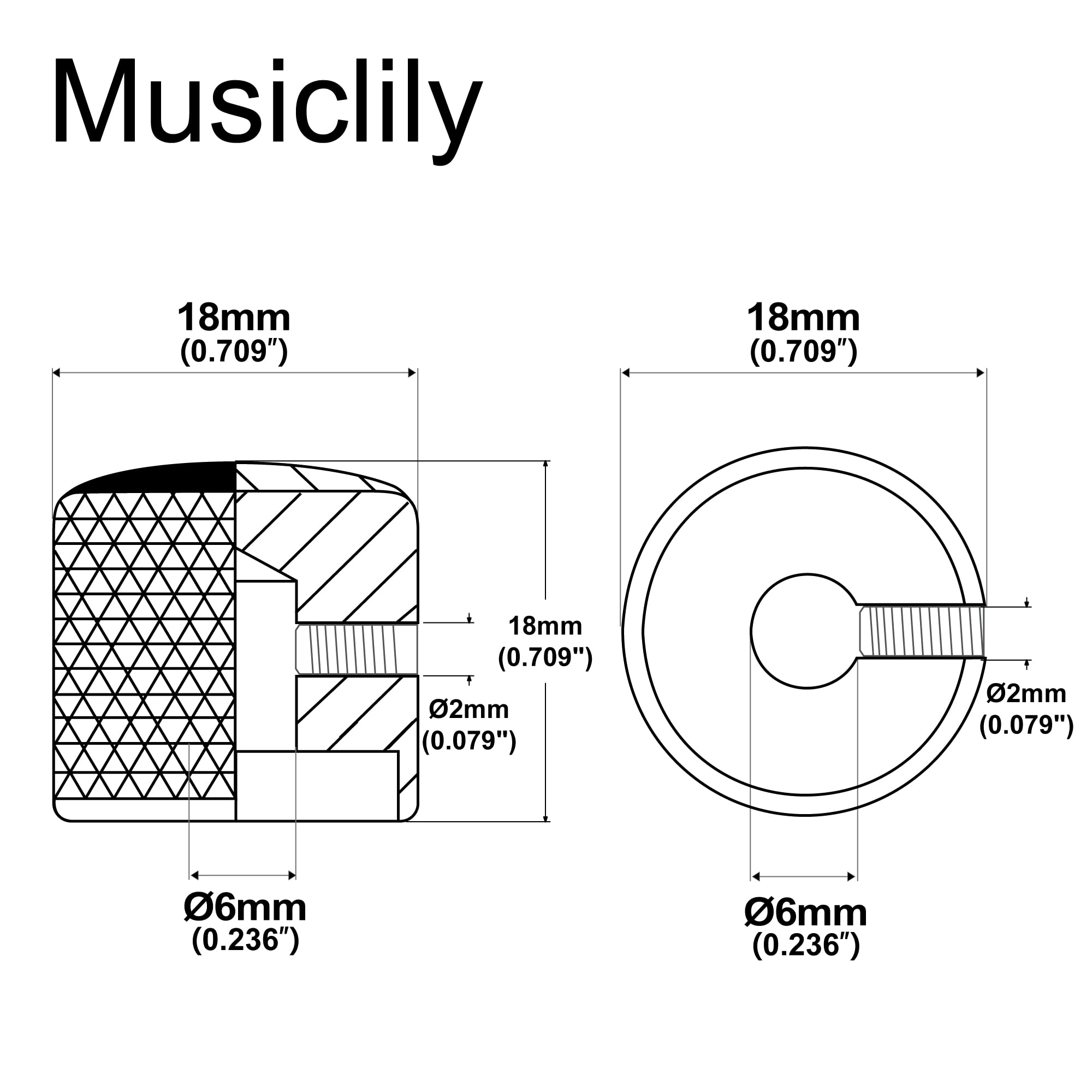 Musiclily Metric 6mm Metal Guitar Dome Knobs Volume Tone Control Knobs with Allen Keys Screw Set for Fender Telecaster Tele Elec